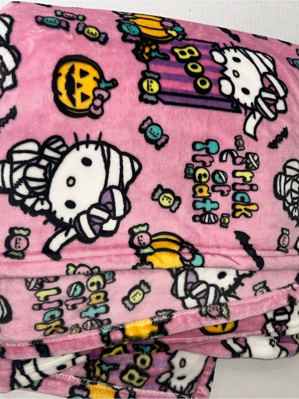 Hello Kitty Pink Halloween Throw Blanket - Trick or Treat Design